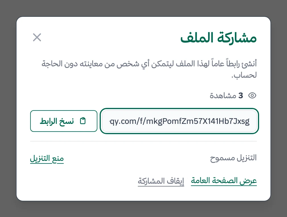 لوحة مشاركة ملف في فريقي تعرض الرابط العام، وعدد المشاهدات، وحالة التنزيل مسموح، وخيار إيقاف المشاركة، شركات البرمجة